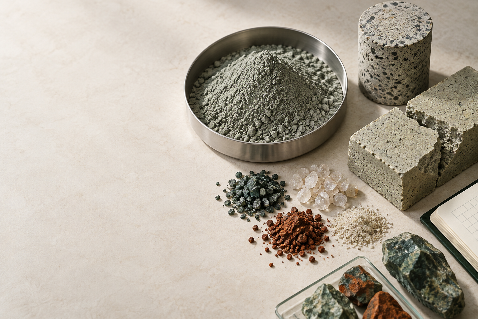 Tailings powder, mineral grains and construction material test specimens